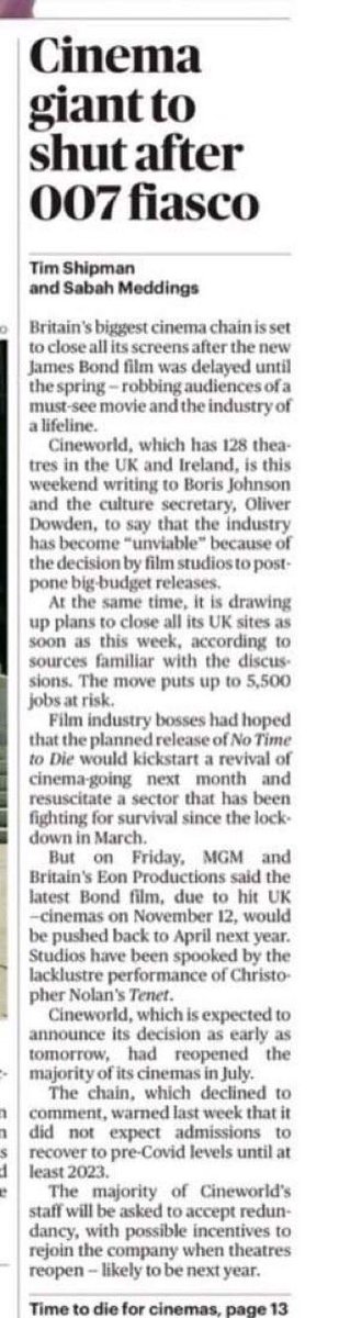 The front page of tomorrow’s Times is announcing that Cineworld is planning to close all of its cinemas across the country as soon as this week putting all of our jobs at immediate risk. There has been no consultation with staff whatsoever.