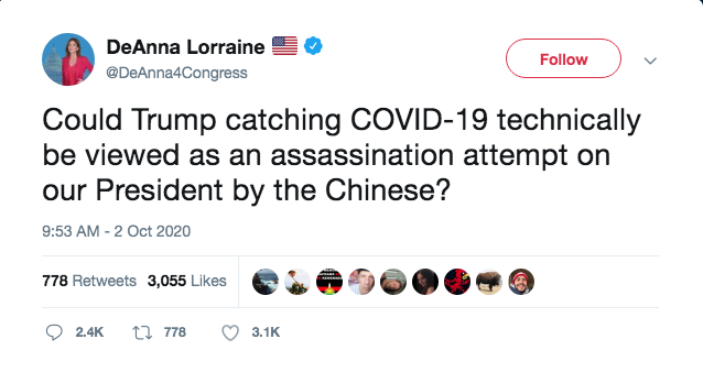The "Assassination by COVID-19" narrative. There are some variations on this theme, asking the question, accusing Democrats, accusing China...etc..  https://archive.vn/lQOYY 