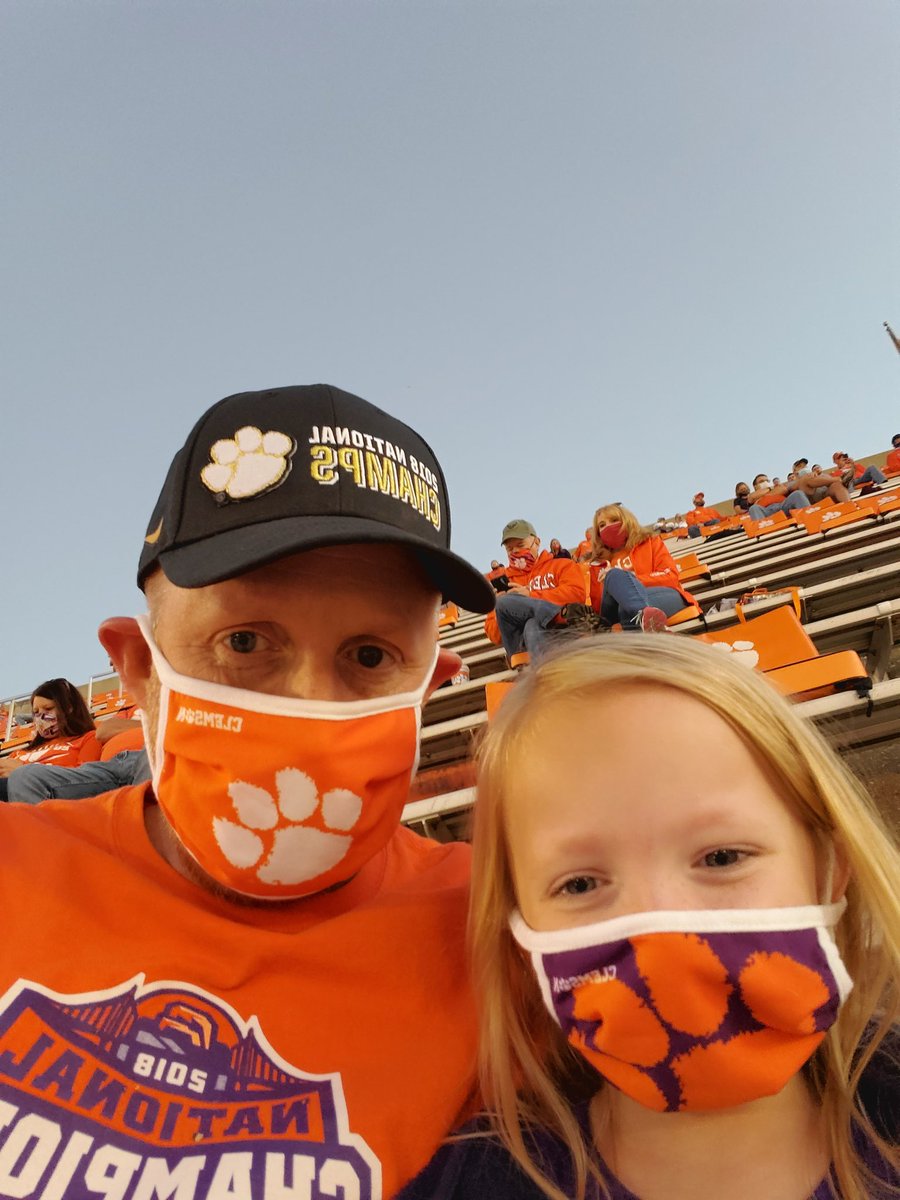 lordmopar's tweet photo. Daddy daughter #Clemson game day/night. COVID style. Different seats, spaced out, masks and all. Still always great to be in the Valley.  #ALLIN Go Tigers! https://t.co/6hDH71pr5Q