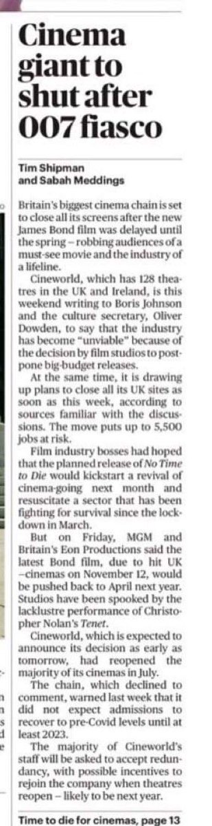 DISASTROUS NEWS. 5,000 jobs gone in an instant.  Picturehouse cinemas - the Ritzy, etc -  are also owned by the chain. #Cineworld