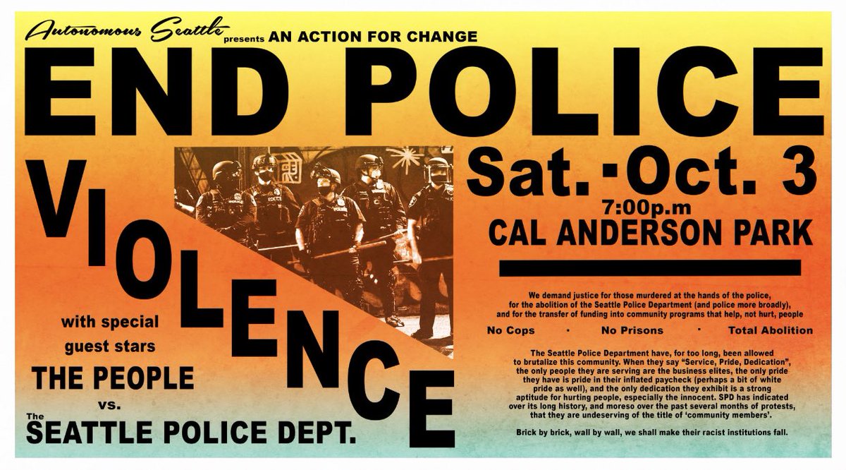 I’m in Seattle! Tonight I will be covering this action in Cal Anderson Park. Special guest stars tonight will feature: The People vs. the Seattle Police Department.