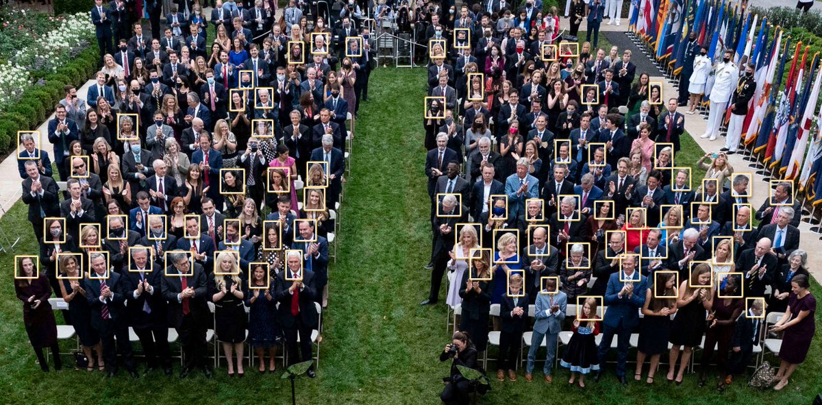 The Trump administration doesn't voluntarily disclose White House visitor logs, so —for what it's worth— we used geotagged selfies and observations of Mark Walsh,  @crousselle and  @JenniferJJacobs to identify at least 70 guests in the Rose Garden during ACB's nomination ceremony.