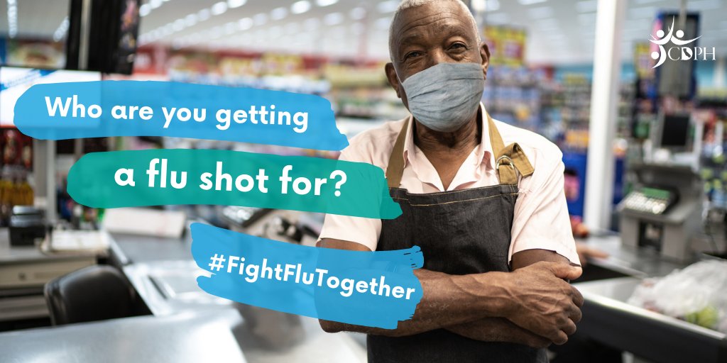 Stock image of a man working at a grocery store wearing a mask. Text: Who are you getting a flu shot for? 

#FightFluTogether