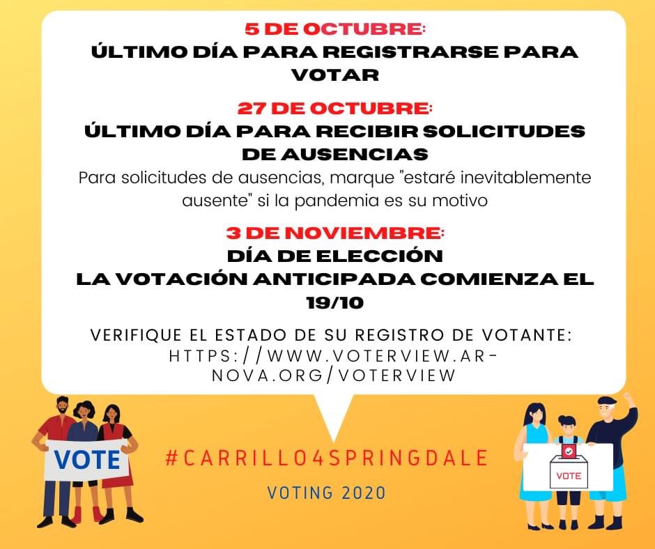 mayraforspring1's tweet photo. Are you registered to vote? 
Have you submitted your absentee ballot? 
Here is a list of important deadlines to keep in mind when it comes to voting in this year’s election! #carrillo4springdale https://t.co/LFBEysEyIa