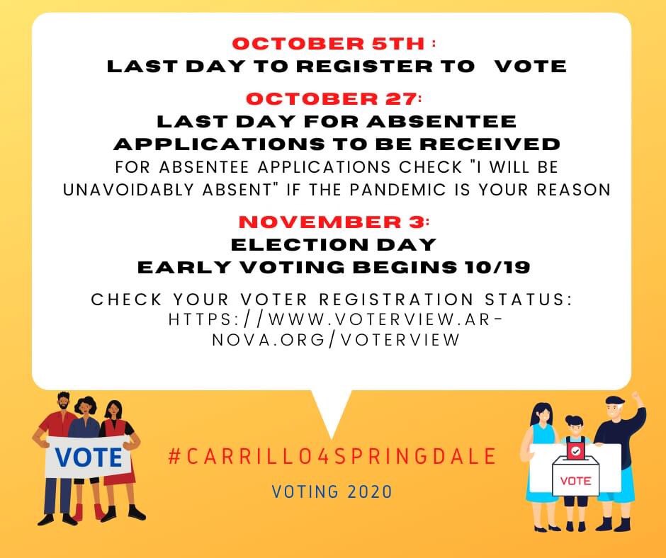 mayraforspring1's tweet photo. Are you registered to vote? 
Have you submitted your absentee ballot? 
Here is a list of important deadlines to keep in mind when it comes to voting in this year’s election! #carrillo4springdale https://t.co/LFBEysEyIa