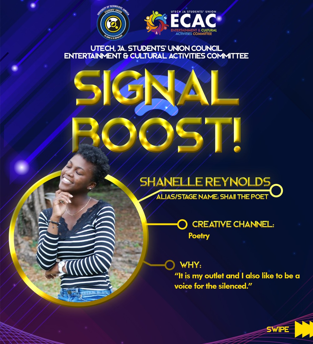DonAle__'s tweet photo. UTech Students’ Union ECAC
SIGNAL BOOST 🔊🔊🔊🔊🔊🔊🔉🔊🔉🔉
Featuring Shanelle Reynolds, a fourth year Construction Management, multi-talented gem in her element 📜.
IG: @Shaii_thepoet
Show her some love 🚀
#creatives #creativespotlight #creativesnetwork
@UTechEnt https://t.co/fJbIaqswSJ