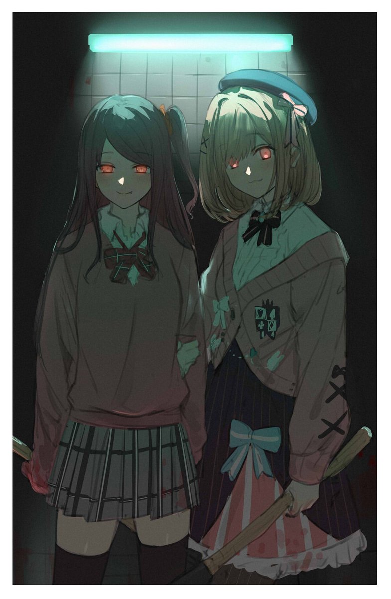 suzuhara lulu multiple girls 2girls striped skirt skirt glowing eyes glowing shirt  illustration images