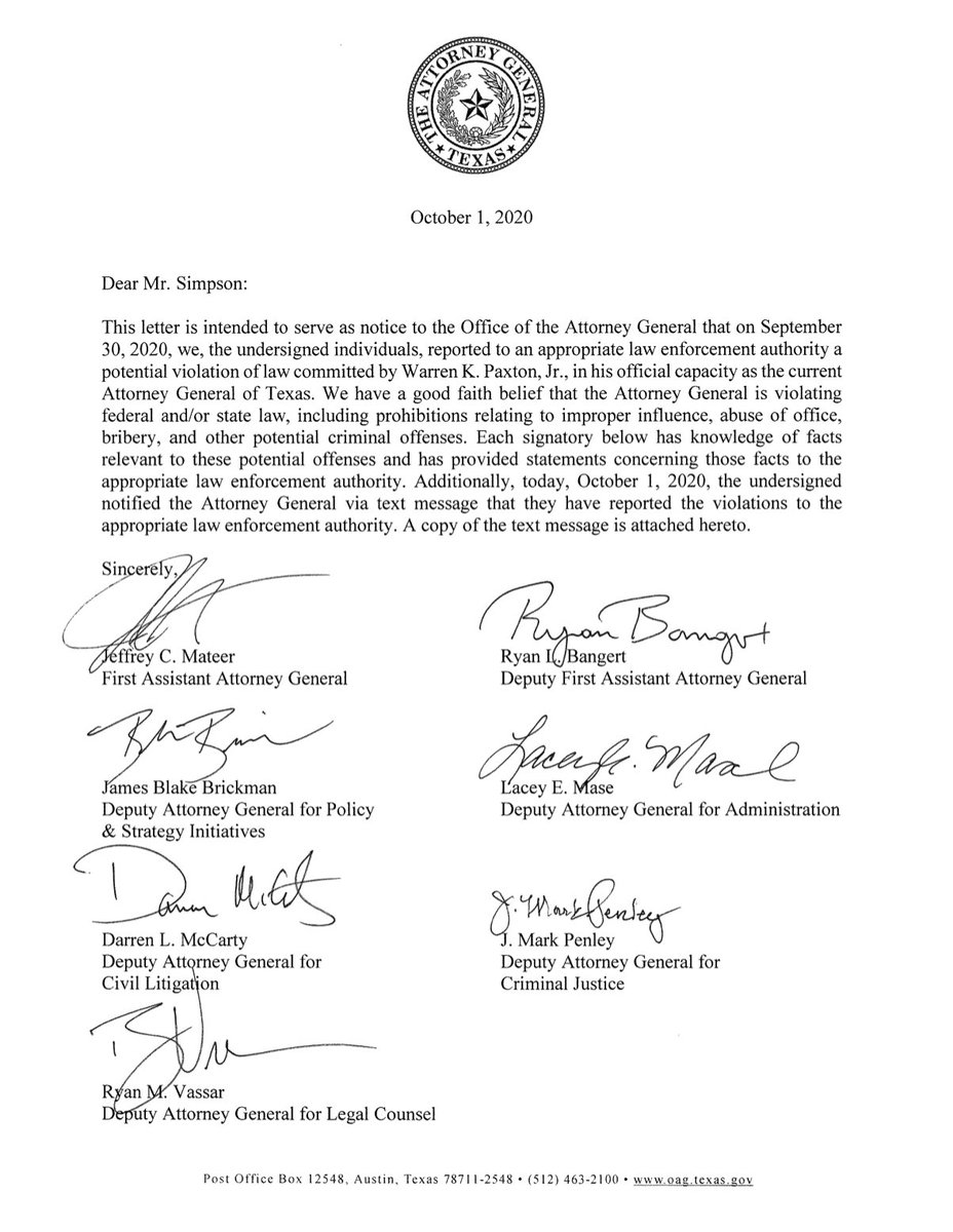 tplohetski's tweet photo. NEW: This is the letter sent by 7 top aides to Texas Attorney General Ken Paxton alleging the state’s top lawyer has committed multiple criminal violations. @statesman @KVUE. https://t.co/1qNv290tJm