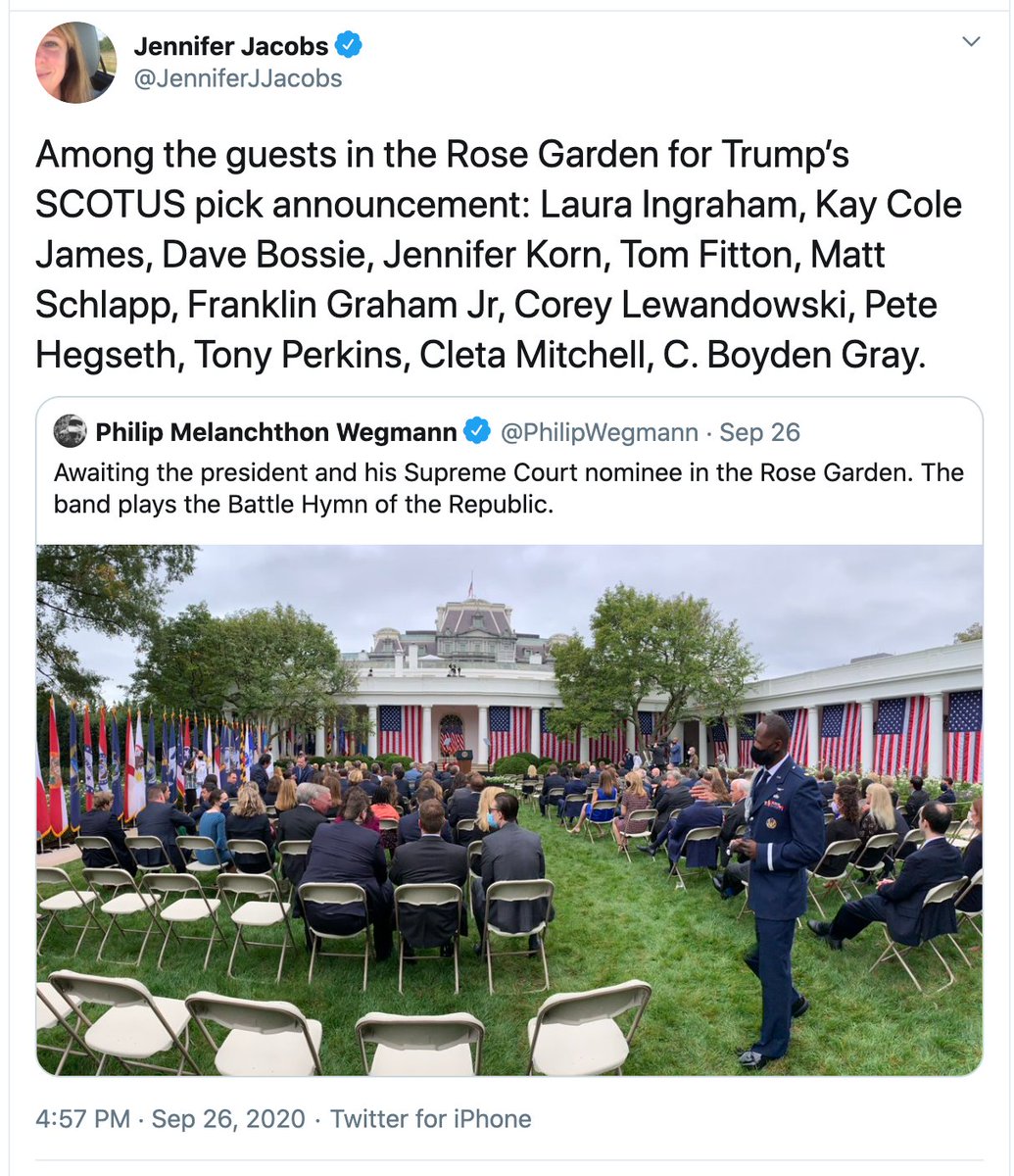 Perhaps the easiest way is using the observations of reporters on the scene, like  @SCOTUSblog's Mark Walsh ( https://www.scotusblog.com/2020/09/a-view-from-the-rose-garden-the-nine),  @crousselle and  @JenniferJJacobs ( https://twitter.com/JenniferJJacobs/status/1309960420648681478) — and then trying to find them in the audience.