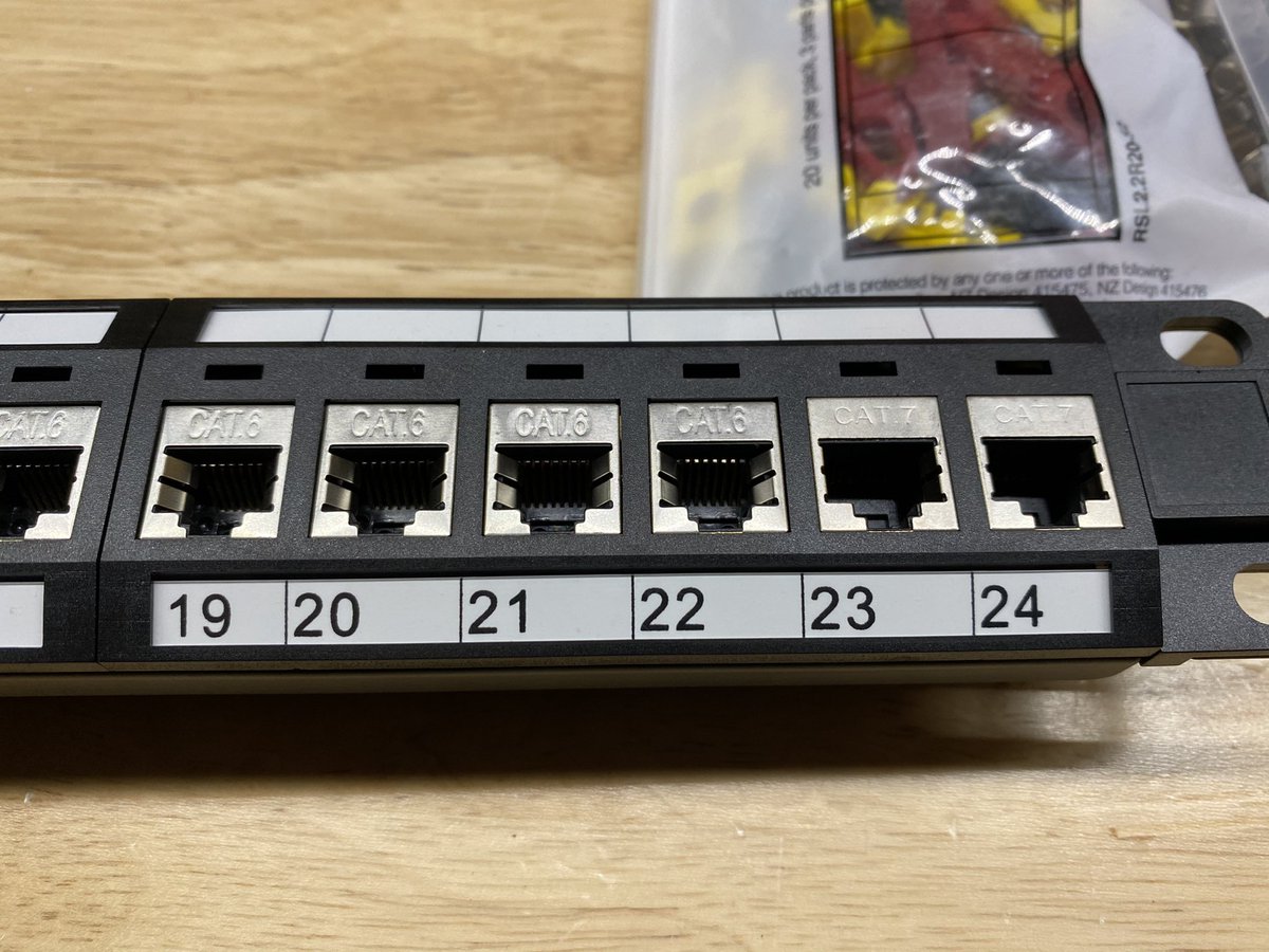 For now, patch for downstairs assembled - using cat6 keystones (can’t really find 6a) and cat7 for the 2x 10Gb drops to this location. Makes it easy to tell what’s where: