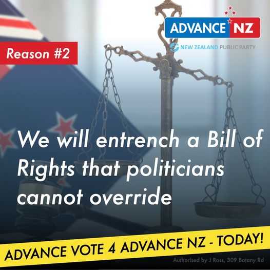 100 Reasons to Party Vote Advance NZ.Reason #2: We will entrench a Bill of Rights that politicians cannot override. #PartyVoteAdvanceNZ  #nzpol  #NZElection20202/100