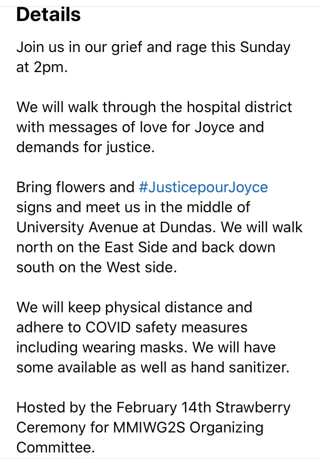 Toronto, show up for #JusticePourJoyce tomorrow  (Sunday) at 2pm at University and Dundas. Bring flowers. #JusticeforJoyceEchaquan