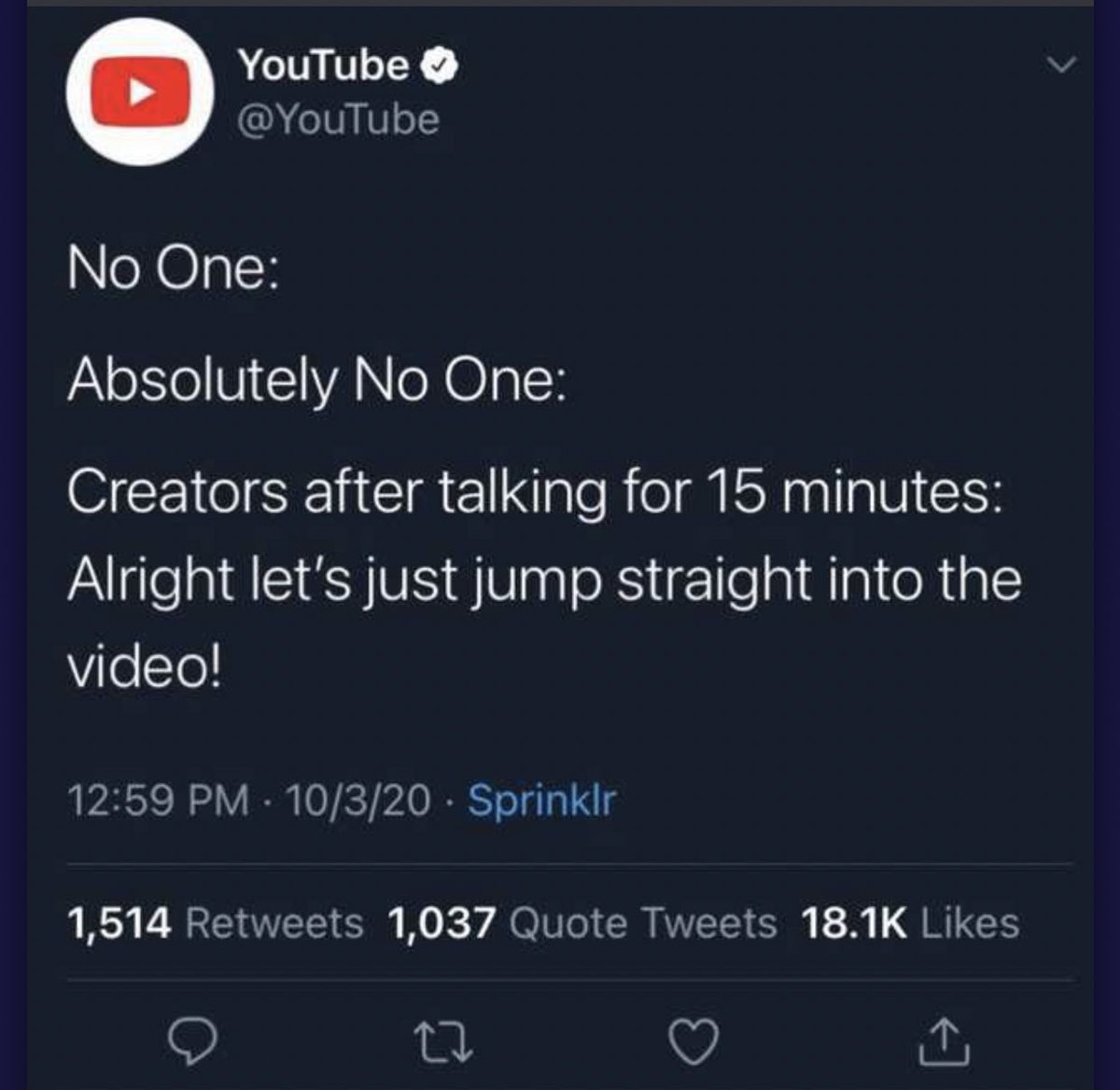 KEEMSTAR's tweet photo. I have no idea why @YouTube deleted this tweet... it’s so fax! So many people stretch their videos out at the beginning I always click off! https://t.co/KjPw8Tm8On