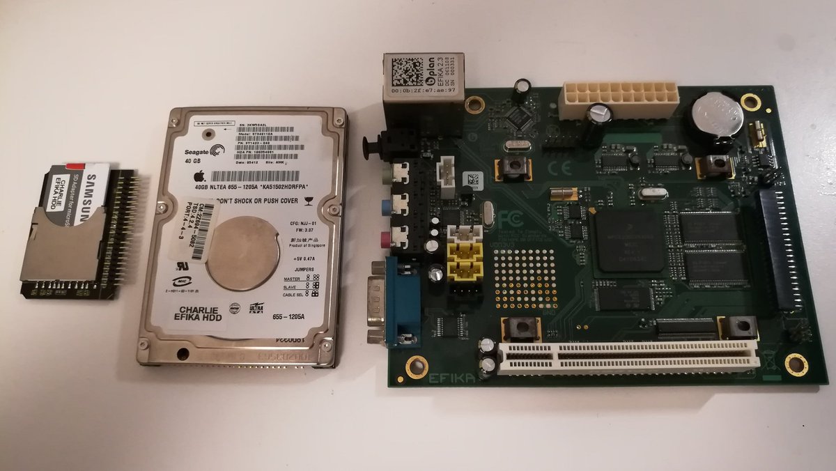 chainq's tweet image. Finally upgraded the 40GB IDE HDD in my Efika to a 64GB SD card. Also imaged the disk while I was at it. First backup since 2007! 😅 Notice the awsum cardboard vs. zip-ties mainboard + PSU mounting solution. #powerpc #morphos