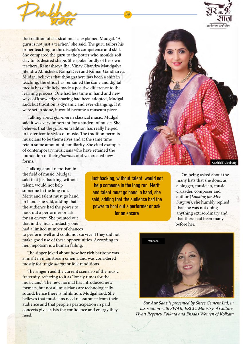 FoundationPK's tweet photo. "Merit and talent must go hand in hand" - @smudgal on nepotism in the music industry in the latest edition of #Prabha #SurAurSaaz 

Read it here: https://t.co/e1XrKWWkDd

@Singer_kaushiki @shreecementltd @ezcckolkata @MinOfCultureGoI @hyattkolkata @ehsaaswomen https://t.co/ZtW9hHmNrv