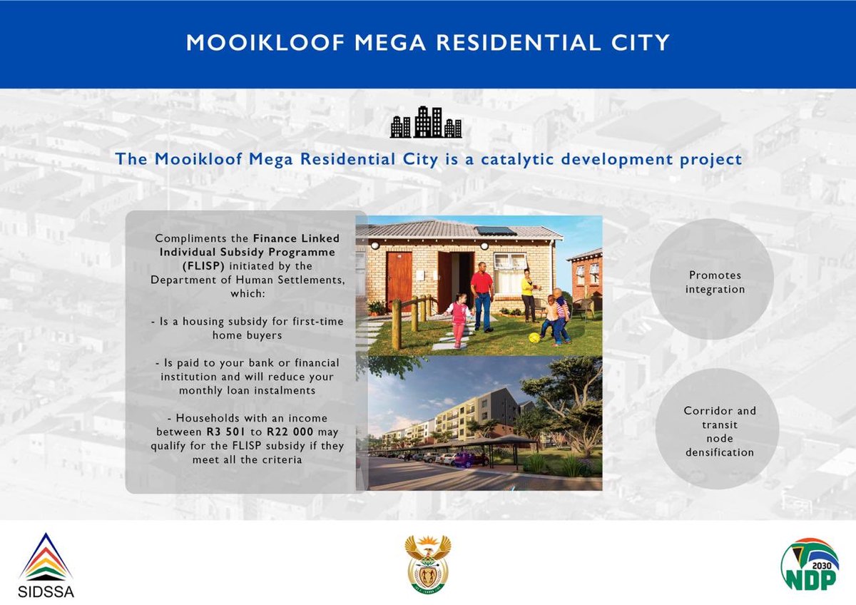 GovernmentZA's tweet image. The development will complement the “help me buy a house” or Finance Linked Individual Subsidy #FLISP programme initiated by the Department of Human Settlements @The_DHS