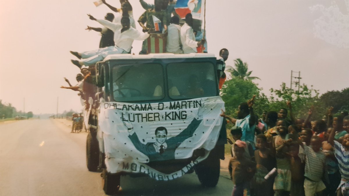 Afonso Dhlakama in the bush Meringue 1993 and supporters in Beira 1994 ('MLK' !) And Renamo guerrillas arrive demobilisation camp, Niassa, Dec 1993
