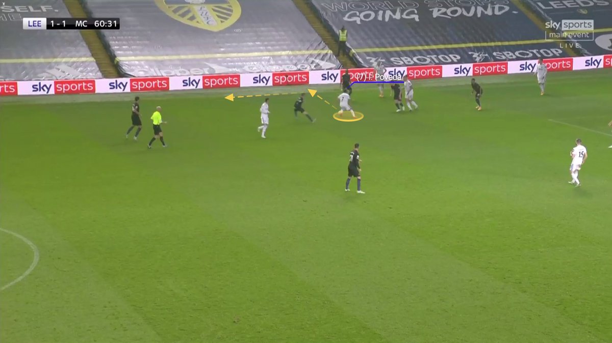 He helped Leeds transition from defence to attack something they struggled to do in the first half by coming deep to show for the ball. When he did receive the ball, he turned and drove Leeds up the pitch, as the example below shows.