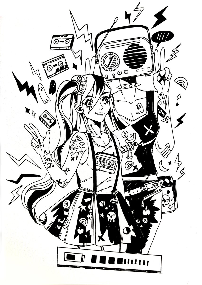 INKTOBER DAY 4. RADIO - Radio girlfriends⚡️. Inked with Copic multiliner and brush, coloured digitally  #inktober2020 #ArtistOnTwitter