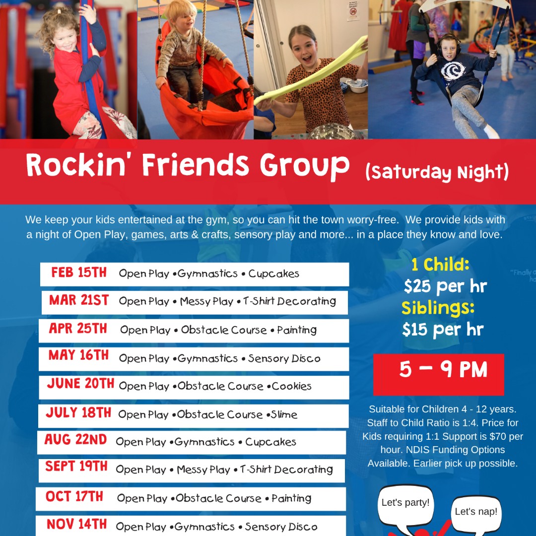 WRTSAustralia's tweet photo. ROCKIN' FRIENDS CLUB (Saturday Evenings)
We Rock the Spectrum Kids Gym - Preston, VIC

Next Session - OCTOBER 17TH

5 - 9PM 
Earlier pick up available.
We are NDIS Registered.

Book online at: https://t.co/tmCrb93ONH
Call 9042 3115
Or book thru the We Rock the Spectrum App https://t.co/R7vv4T1kiZ