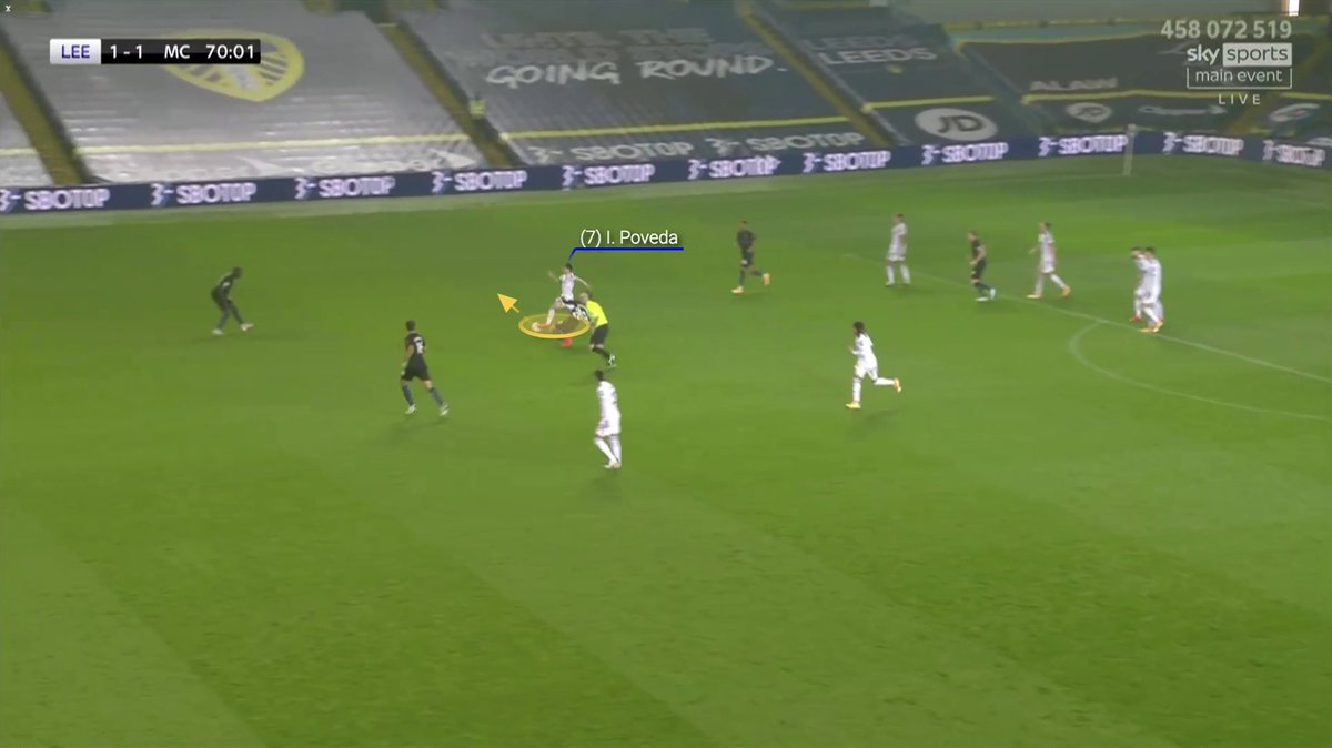 Not only did Poveda cause Man City problems going forward but also did his defensive work. He pressed really well and showed good energy. The example below shows he nicking the ball off De Bruyne and then receiving the pass in space from Kalvin and dribbling past Silva.