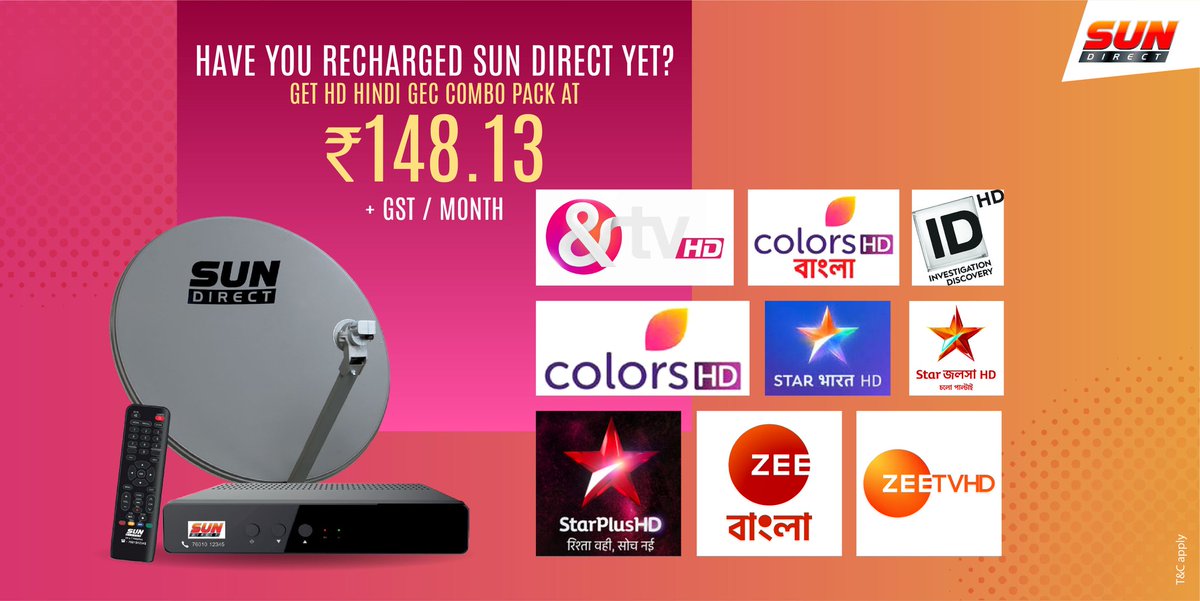 SUNDIRECTIndia's tweet photo. Get Hindi GEC at just Rs. 148.31 / month + GST.
#Sundirect #dth #hdpackages #hindichannels https://t.co/SIdQd5s90A