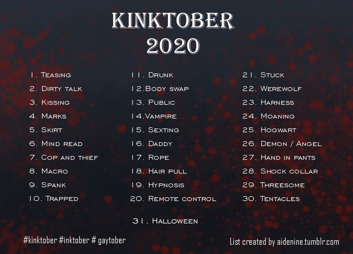 Aidenine1's tweet photo. Kinktober list
#Kinktober #gaytober
I switch to fanfics. I’ll write every few days combining more tags. #lucifer #johnconstantine #constar https://t.co/Ok564vwiBV