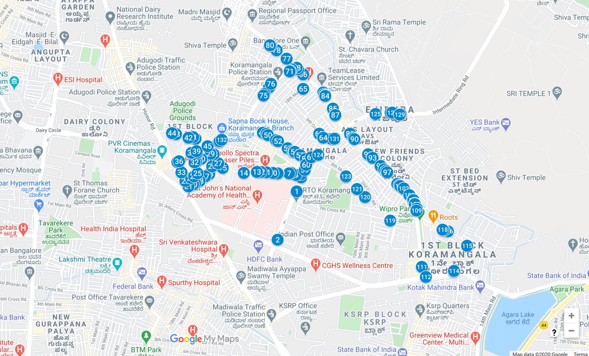 GROUND REPORT: Today a friend and I set out on a mission to map the vacant commercial spaces in Koramangala, Bengaluru.Koramangala is the Manhattan of Bengaluru. This is where most tech start-ups like Flipkart took birth.We tagged 132 establishments as you see below. (1/12)