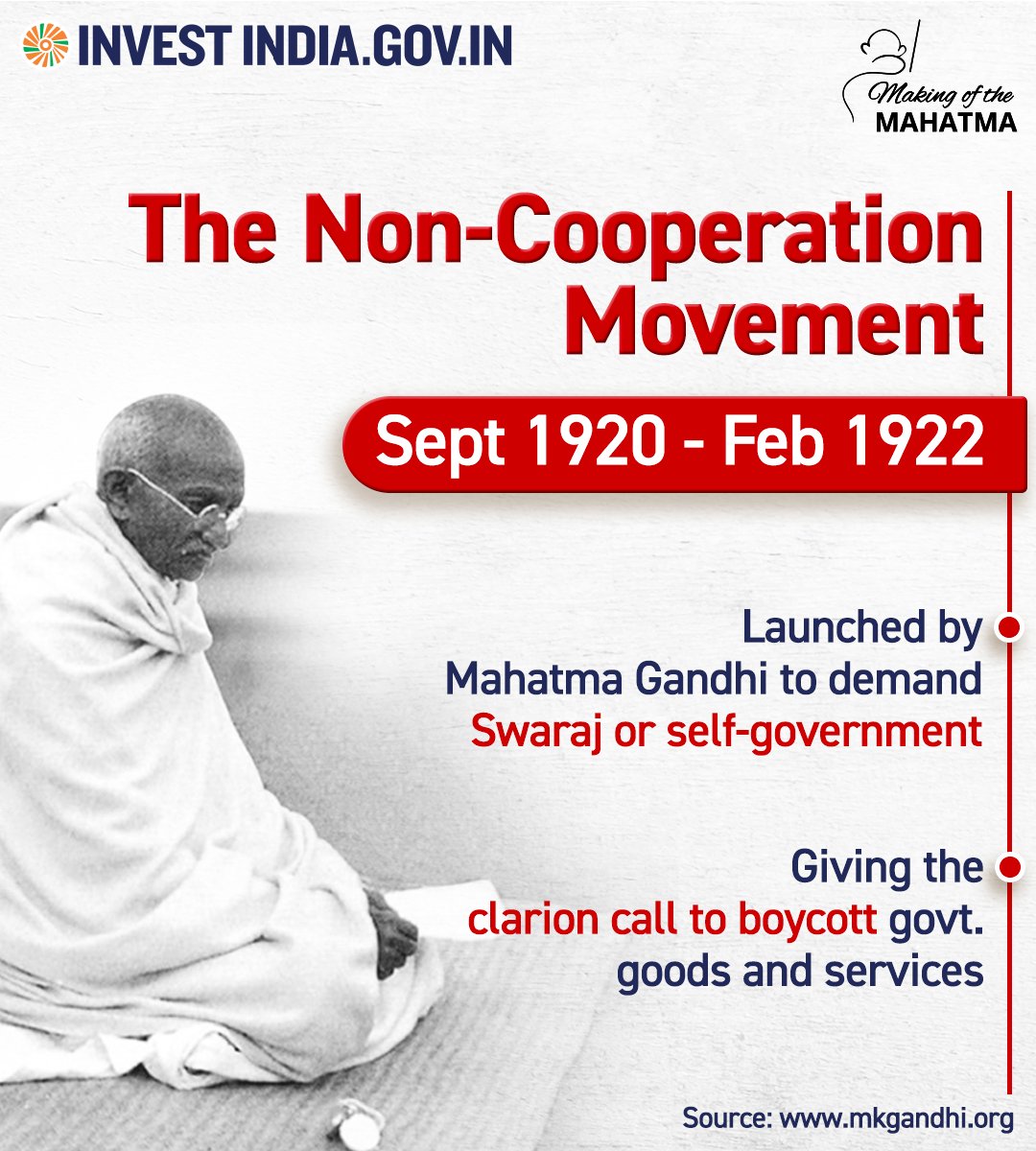 investindia's tweet photo. #MakingoftheMahatma
Launched under Bapu's leadership, #TheNonCooperationMovement was a key step towards attaining Swaraj!
#HowMohanBecameMahatma #InvestIndia #GandhiJayanti https://t.co/Ogm2uLOpoP
