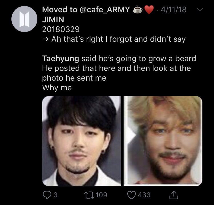 [20180329] jimin said tae wanted to grow beard and that he showed jm the edited pics of him w/ beard done by armys