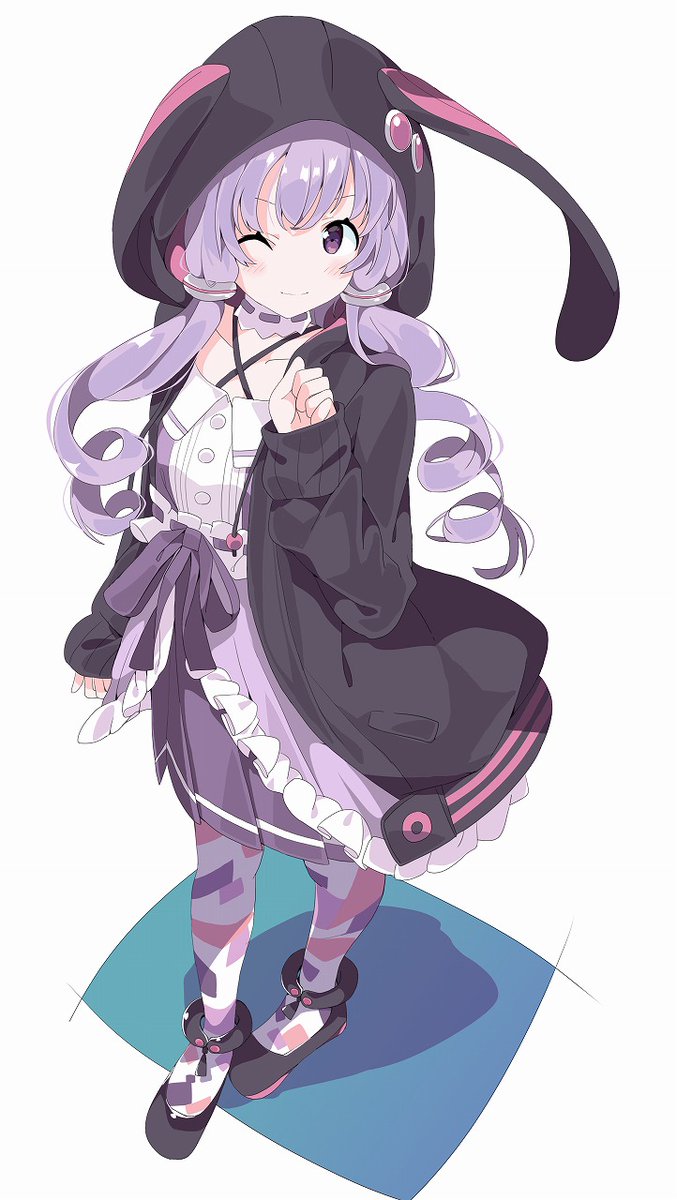 yuzuki yukari 1girl solo one eye closed purple hair hood purple eyes jacket  illustration images