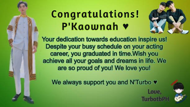 TurbotbPH's tweet photo. Congratulation P'@kaownah9 💚

We are so proud of you 👏
We Love You 😘

Thank you @kaownahph for inviting us to participate on your fan project 😄

#TurbotbPH #turbotb
#KaownahGraduation
#KaownahTurbo #kaowgowithtur
#ก้าวหน้าเทอร์โบ #ก้าวไปกับเทอร์
#ก้าวหน้าครับผม #รักติดเทอร์โบ https://t.co/OR9xFVpwhU