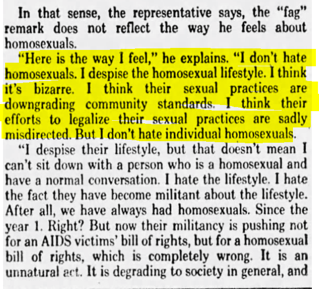 "I don't hate trans people! I just hate what they do!"Arizona Republic (Phoenix, Arizona), 1986-02-13