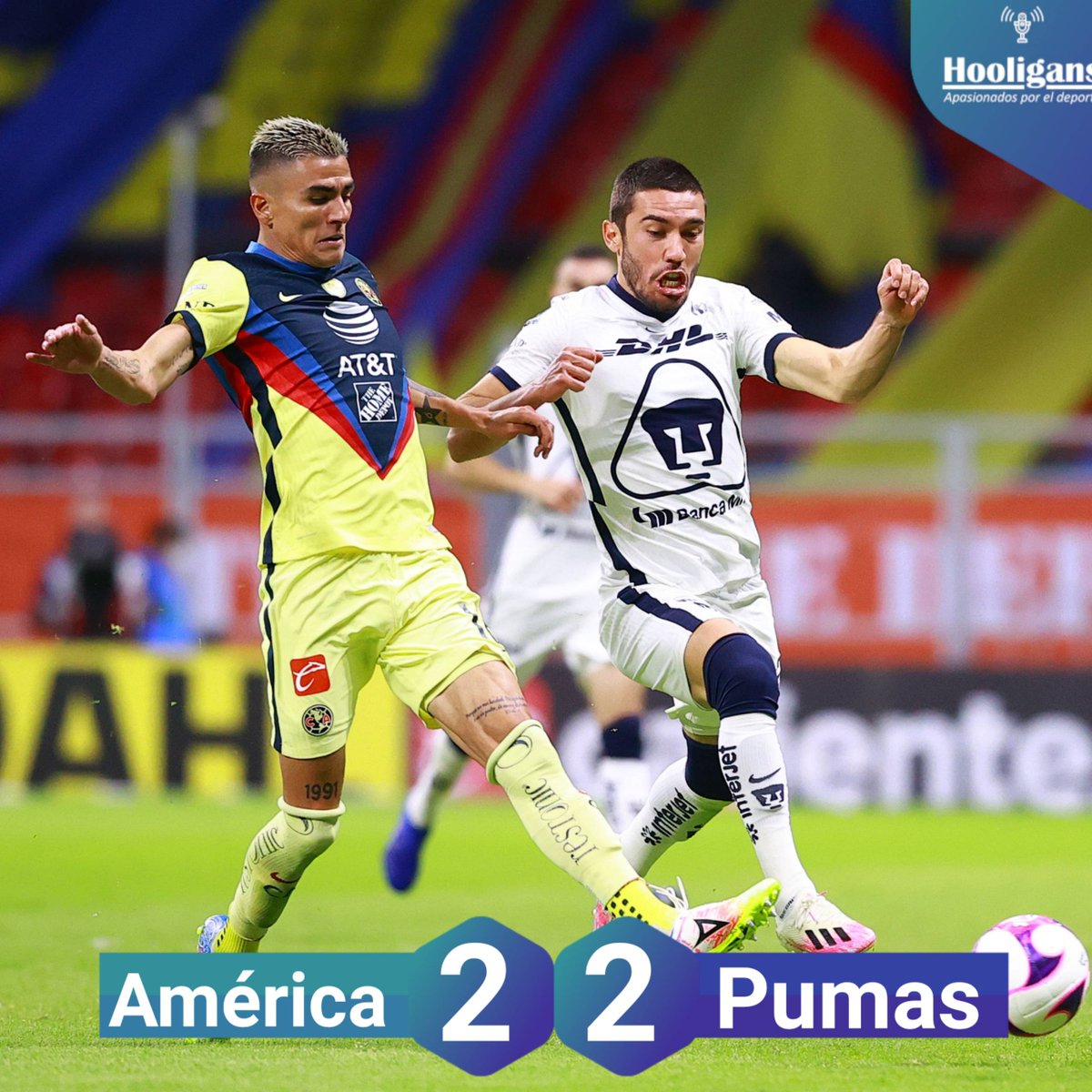 Empate en el #Azteca!!

#America y #Pumas dividieron unidades esta noche en el cierre de la actividad sabatina del #Guard1anes2020, #Universidad se vio en ventaja dos veces pero no pudo cerrar el juego y se vio alcanzado.

#Iniestra se fue expulsado para #Pumas.

#SomosHooligans