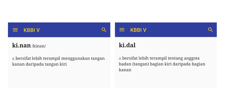 ivanlanin's tweet photo. - kinan = right-handed
- kidal = left-handed

#padanan #kosakata #KBBI https://t.co/35HmWWPWD9
