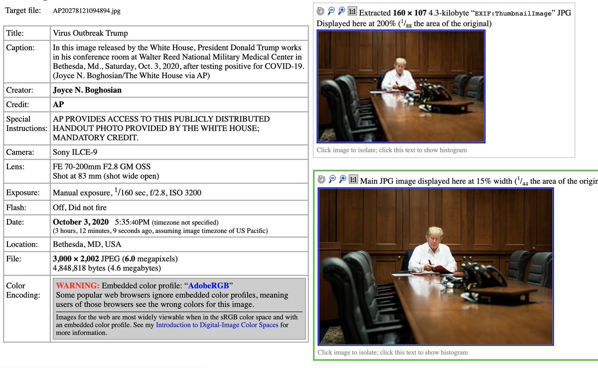 The photos released by the WH tonight of the president working at Walter Reed were taken 10 minutes apart at 5:25:59 pm and 5:35:40 pm ET Saturday, according to the EXIF data embedded in both  @AP wire postings that were shared by the White House this evening.