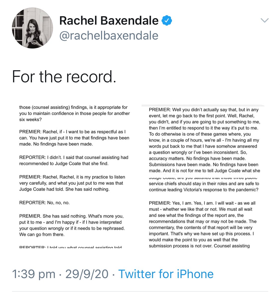 /3 Then Baxendale abandoned truth & tweeted this “transcript”:“Judge Coate’s already BEEN told (by) counsel assisting that she should find that ...blah… given those (Counsel Assisting) findings ...”Bracketed words were never said, nor was the “been’’; Changing the meaning.