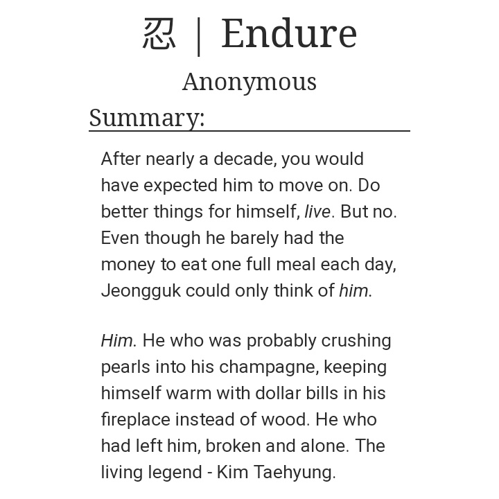 忍 | Endure | 113k https://archiveofourown.org/works/25613908/chapters/62172148