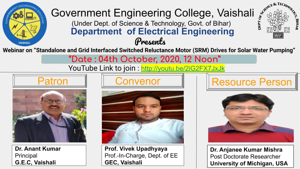 GecVaishali's tweet photo. GEC Vaishali cordially invites you to a webinar on Standalone and Grid Interfaced Switched Reluctances Motor (SRM) Drives for Solar Water Pumping"

Date: 04/10/2020
Time: 12 Noon
Link to Join: https://t.co/QomUoVQvAK

Speaker: Dr. Anjanee Kumar Mishra
#webinar https://t.co/hyFqLWkcqf
