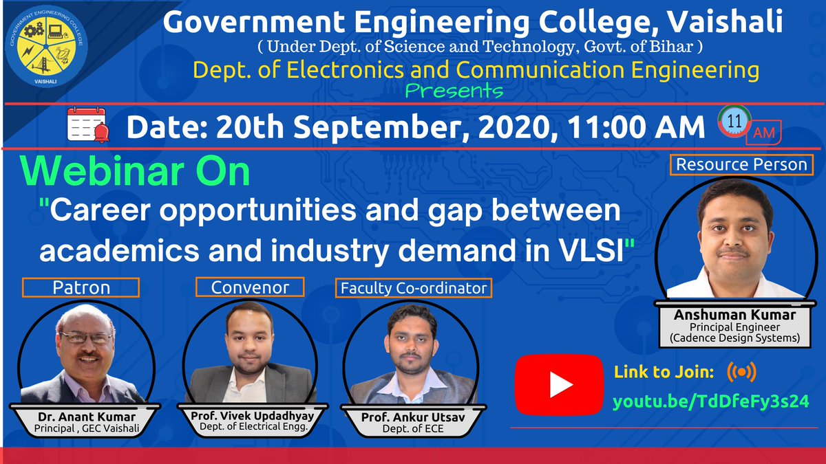 GecVaishali's tweet photo. Webinar on Career Opportunities and gap between academic and industry demand in VLSI.

Link to join the webinar: https://t.co/v3rO57oDy2 https://t.co/xtlF9279Gs