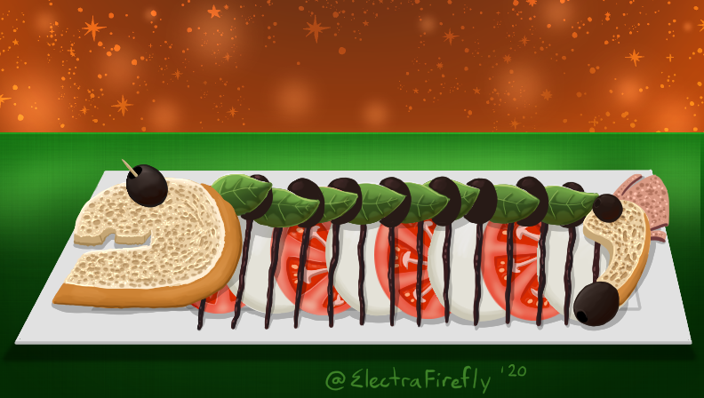 Steel Eel Caprese Salad
Our fresh and filling Steel Eel caprese salad stretches out across its plate. Made with ripe tomatoes, crisp basil, black olives and a drizzling chain of tangy balsamic vinegar. Complete with a bread Salmonid.
#SplatCafe #Splatoon2 #スプラトゥーン2