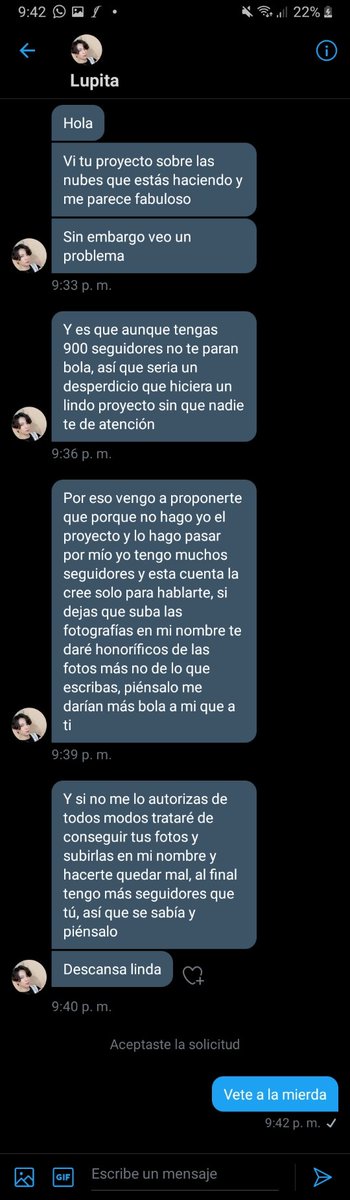 fershy_Koo's tweet photo. Yo nunca he hecho esto, pero si lo hago es porque realmente no quiero que esta persona robe mi trabajo, hace unas horas esta cuenta me escribió pidiéndome publicar un proyecto en el que llevo meses trabajando, al cual le he dedicado mi tiempo y empeño, no se me hace justo+ https://t.co/ewkxe69L6U
