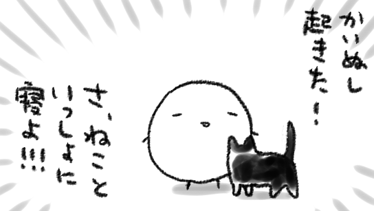 とおくで寝ていたねこが、わたしの起床直後駆け寄ってきて無茶を要求する(かわいい)(かわいいけどかいぬし…しごと…) 