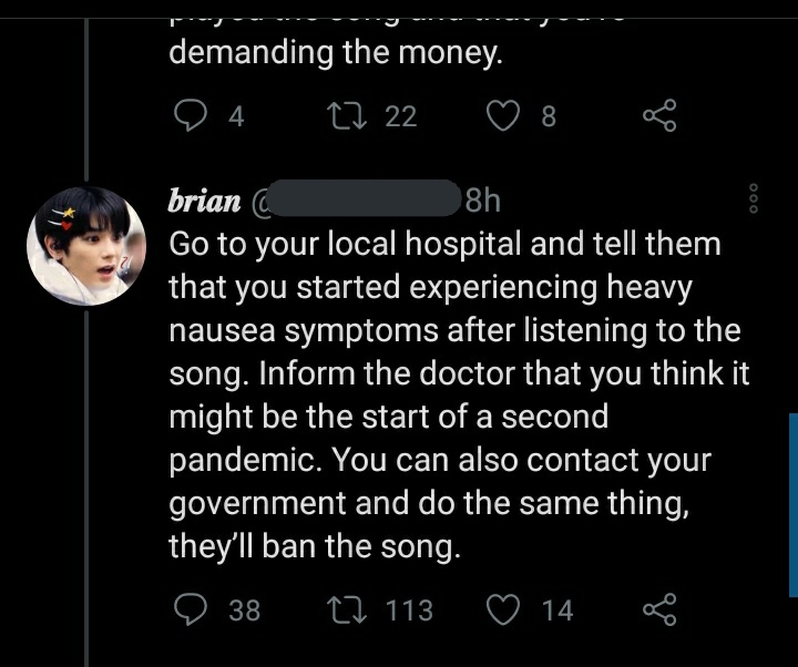 " GO TO THE LOCAL HOSPITAL AND TELL THEM YOU STARTED EXPERIENCING HEAVY NAUSEA SYMPTOMS AFTER LISTENIMG TO THE SONG "