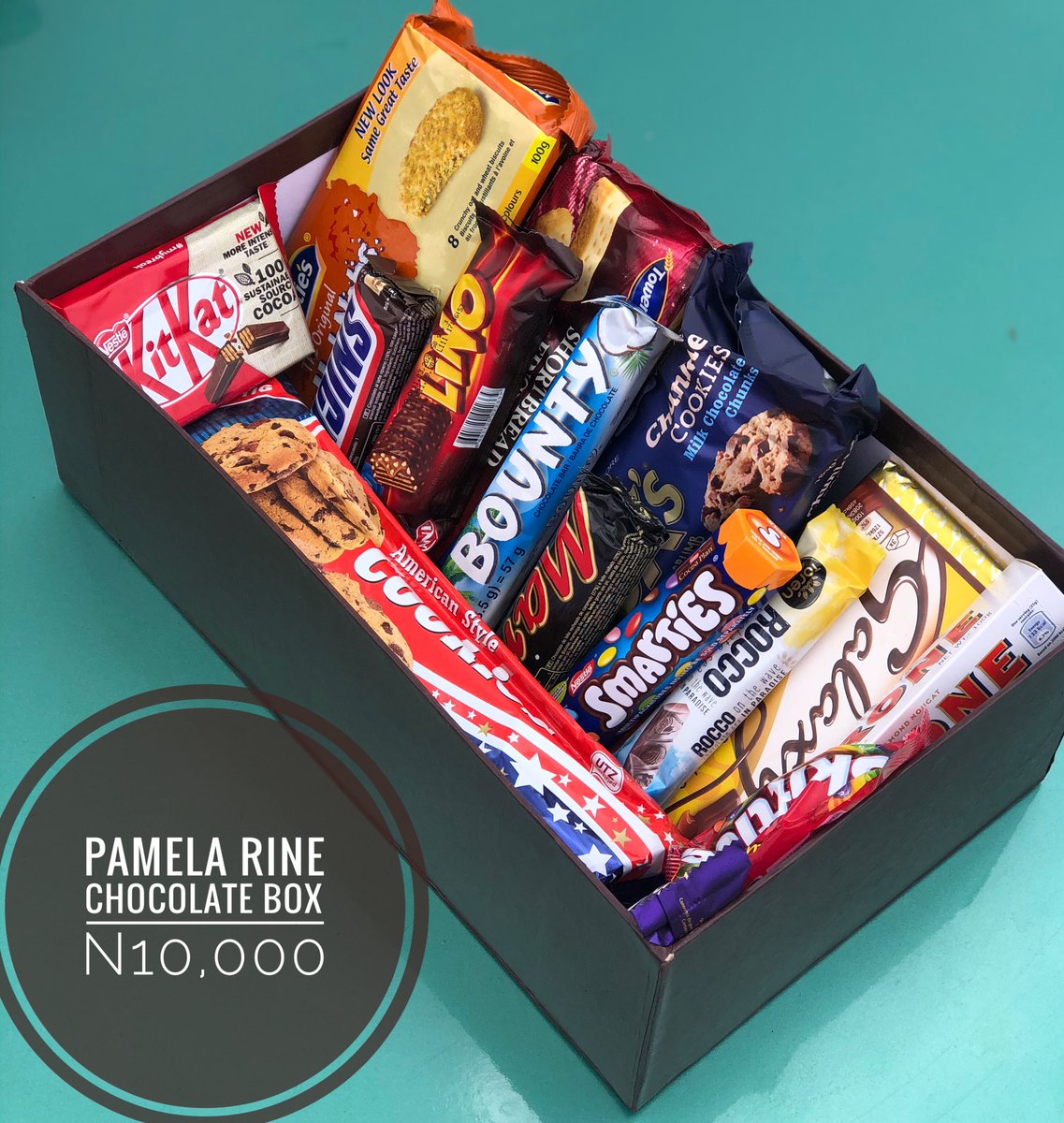 Hey Chocolatey Person!This is our Pamela box.It is worth N10,000 and can be curated to suit your preference.It is readily available for delivery or pickup upon order for personal enjoyment and a treat for loved ones.Lots of chocolates,Rine.