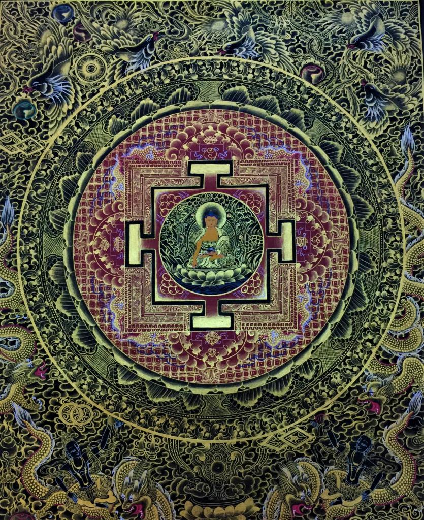 In Buddhism, the wheel like eyes symbolize the concept of "Nirvaan".The soul passing through many births, completes the circle & attains liberation. Buddhism believes that the seed of Enlightenment in each person's mind is nourished in the process of Visualizing & Contemplating..
