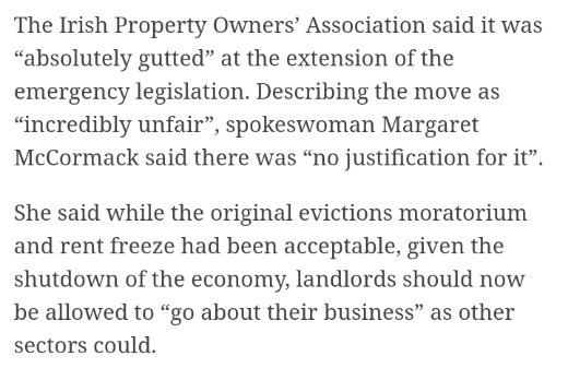 The IPOA again pposed rules against illegal evictions around the covid lockdown eviction ban. Seemingly allowing landlords to "go about their business" of kicking people out of their homes trumps concerns about homeless families on the streets in the middle of a pandemic