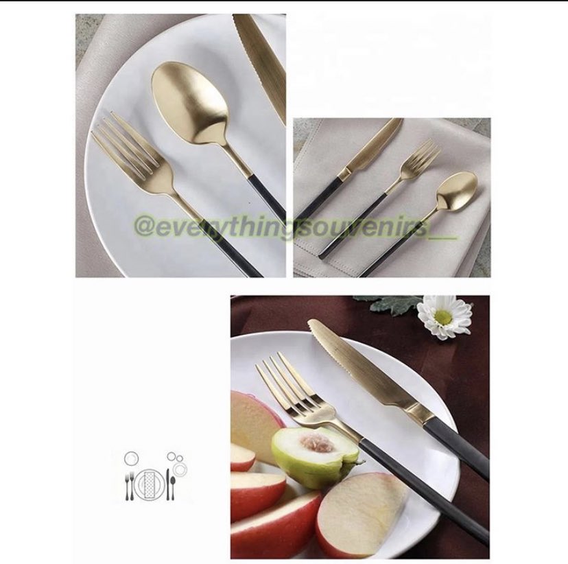High Quality 24pcs Gold Spoon available as seen. Consists of;6 forks, 6 teaspoon, 6 eating spoon, 6 knives. Price: 18500Please RT