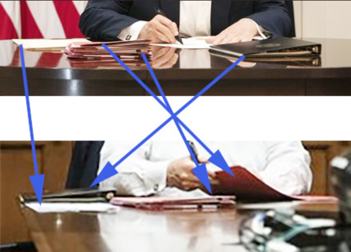 The photos, which appear to have been taken at two different times in two different rooms, have one thing in common. All of the props! It looks as though every piece of paper, folder, book, sharpie and pamphlet were shown in both photos. (credit:  @JRehling) (Thread)