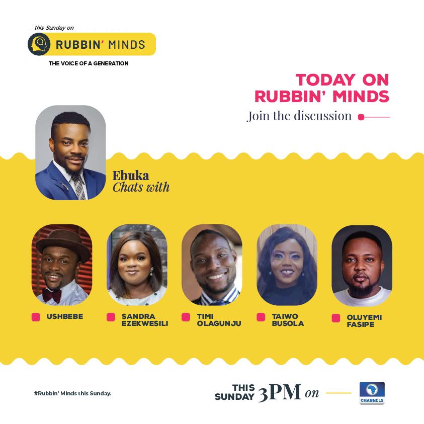 Today from 3pm, 

I'll be on #RubbinMinds talking to @Ebuka about #NigeriaAt60

Excited about this one.